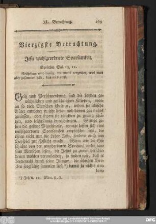 Vierzigste Betrachtung. Jesu wohlgeordnete Sparsamkeit.