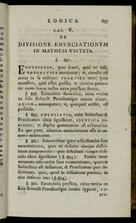 Cap. V. [sic!] De Divisione Enunciationum In Mathesi Usitata