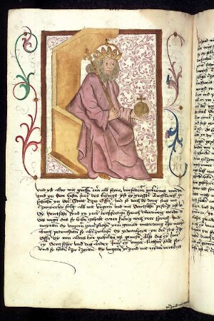 Thronender ungarischer Herrscher: König Albrecht; von Rankenwerk umgeben.