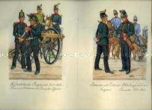 Uniformdarstellung, Kanonier, Oberkanonier, Trompeter, Offizier zu Pferd, Fuß-Artillerie-Regiment; Sergeant und Pionier, Pionier- und Pontonier-Abteilung und Train, Sachsen, 1853/1862.