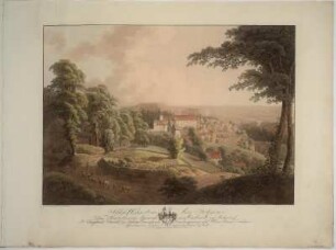 Ansicht der Burg Hohnstein bei Stolpen, kolor. Umrissradierung mit Wappen und Erläuterungen, um 1800 = B5043 : Schloß Hohnstein bey Stolpen : dem Herrn George Heinrich von Carlowitz ... Gewiedmet von ... C. G. Schultze / nach der Natur gezeichnet von J. F. Wizani. Gefertiget C. A. Wizani. - Dresden : Schultze , [um 1800]. - 1 Kunstbl. : kolor. Umrissradierung ; 52 x 37 cm