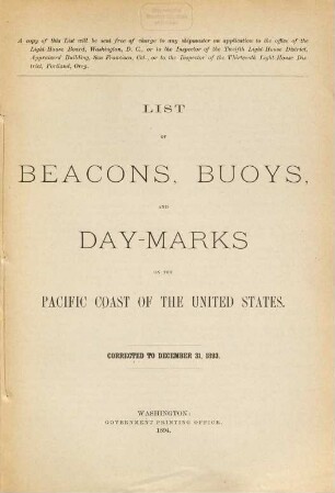 List of beacons, bouys, and day marks on the Pacific Coast of the United States. 1893 (1894)