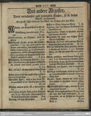 Das andere Register, Derer vornehmsten und wichtigsten Sachen, so in diesem Wercke vorkommen