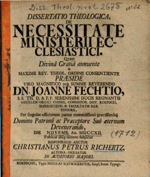 Dissertatio Theologica, De Necessitate Ministerii Ecclesiastici