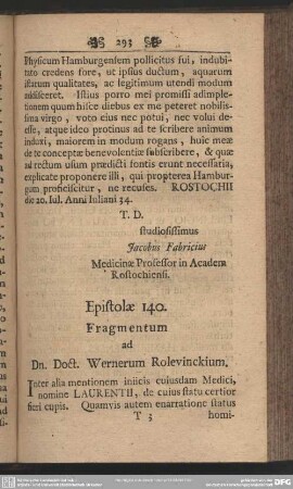 Epistolae 140. Fragmentum ad Dn. Doct. Wernerum Rolevinckium