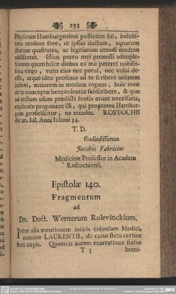 Epistolae 140. Fragmentum ad Dn. Doct. Wernerum Rolevinckium