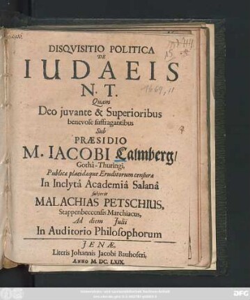 Disquisitio Politica De Judaeis N. T.