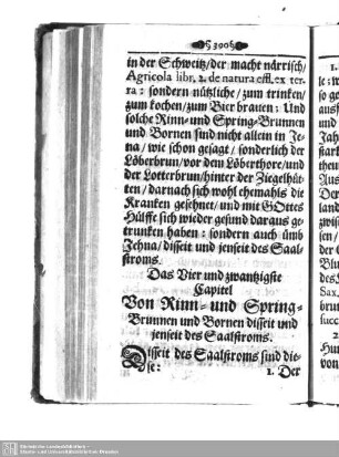 Das Vier und zwantzigste Capitel. Von Rinn- und Spring-Brunnen und Bornen disseit und jenseit des Saalstroms
