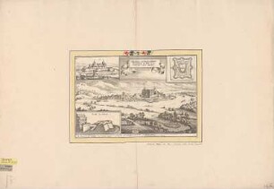 Ansicht und Grundriss von Schloß Helderungen, Kupferstich, 1650 : Abbildung des Vesten Schloß Helderungen, wie solches in der demolirung Ao. 1645 ausgesehen / [Hrsg. und Stecher: Matthaeus Merian]. - [Franckfurt] : [Matthaeus Merian] , [1650]. - 1 Vogelschaubild : Kupferstich ; 34 x 22 cm