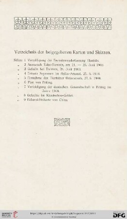 Verzeichnis der beigegebenen Karten und Skizzen