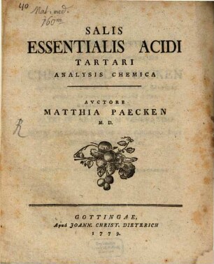 Salis Essentialis Acidi Tartari Analysis Chemica