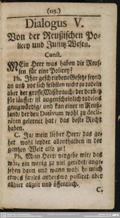 Dialogus V. Von der Reußischen Poltcey und Justitz Wesen