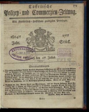 27tes Stueck, Montag den 2ten Julius 1804