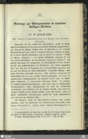 Beiträge zur Pflanzencultur in tropfbar flüssigen Wurzelmedien : VII.