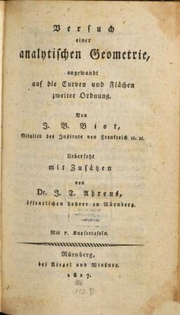Versuch einer analytischen Geometrie, angewandt auf die Curven und Flächen zweiter Ordnung