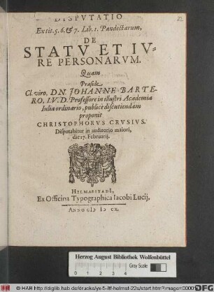 Disputatio Ex tit. 5. 6. & 7. Lib. I. Pandectarum, De Statu Et Iure Personarum