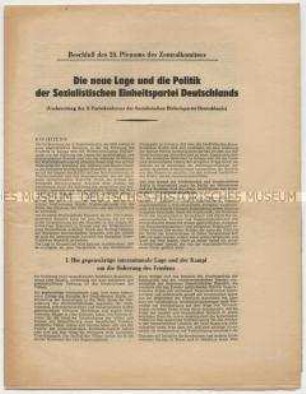 Sonderdruck mit dem Beschluss des 25. Plenums der ZK der SED über die Vorbereitung der 3. Parteikonferenz