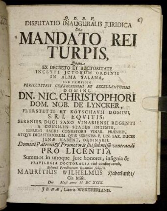 Disputatio Inauguralis Iuridica De Mandato Rei Turpis