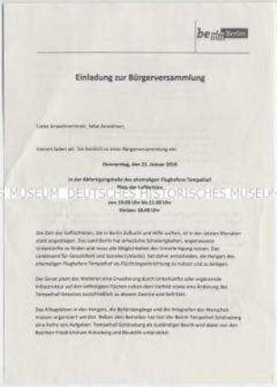 Einladung des Senats zu einer Bürgerversammlung zur Errichtung einer Flüchtlingsunterkunft in den Hangars des ehemaligen Flughafens Tempelhof