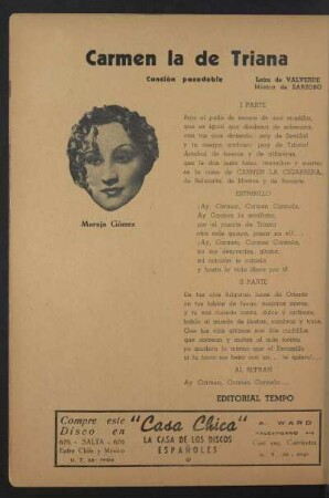 Carmen la de Triana : Canción pasodoble. Editorial Tempo.