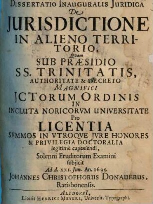 Dissertatio Inauguralis Iuridica De Iurisdictione In Alieno Territorio