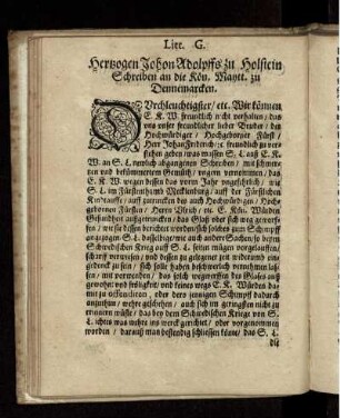 Litt. G. Hertzogen Johon Adolpffs zu Holstein Schreiben an die Kön. Maytt. zu Dennemarcken
