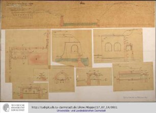Mainz. Befestigungen am linken Rheinufer (Profile des Bastions Nicolaus, Grundriß und Profile des Wachthauses am Bocksthor.) Copirt im October 1863 von Oberlieutenant Scherf.