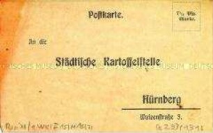 Postkarte zur Anmeldung des Selbstbezuges von Kartoffeln