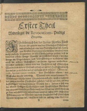 Erster Theil Widerlegt die Revocations-Predigt Eingang.