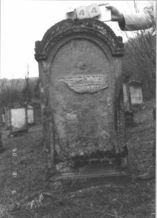 Grabstein 244 (Index: 99608968) Material: Sandstein Zustand: abgeblättert und sehr stark verwittert mit sehr großem Textverlust Maße HxBxT: 122x62x18 cm Beschreibung: Stele, profilierter Sockel, eingezogener Rundbogen mit aufgesetzten Zweigen, Schriftfeld eingetieft Symbolik: Zweige: Grabstein 244