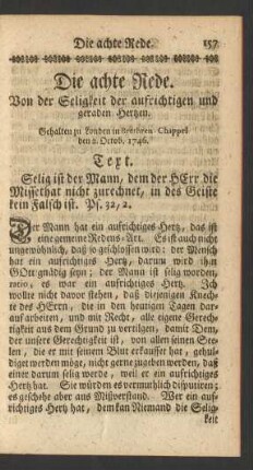 Die achte Rede. Von der Seligkeit der aufrichtigen und geraden Hertzen