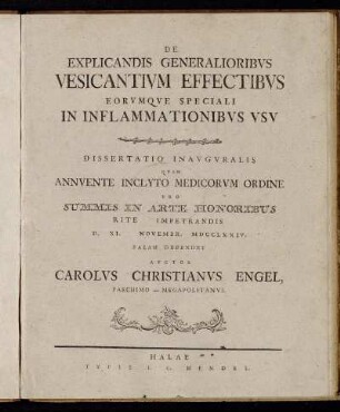 De Explicandis Generalioribvs Vesicantivm Effectibvs Eorvmqve Speciali In Inflammationibvs Vsv : Dissertatio Inavgvralis
