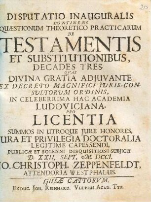 Disputatio inauguralis ... De testamentis et substitutionibus, decades tres