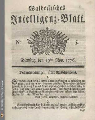 No. 5. Dienstag den 19ten Nov. 1776