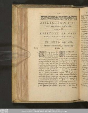 Aristotelis, Naturalis Auscultationis, Seu De Motu, Liber VIII.
