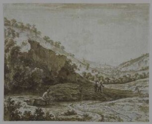 Talmulde mit Felsen und drei Figuren