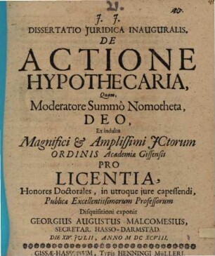 Dissertatio Juridica Inauguralis. De Actione Hypothecaria
