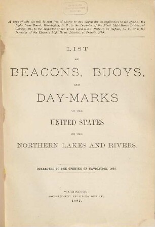 List of beacons, buoys, and day marks of the United States on the Northern lakes and rivers. 1892, 1892