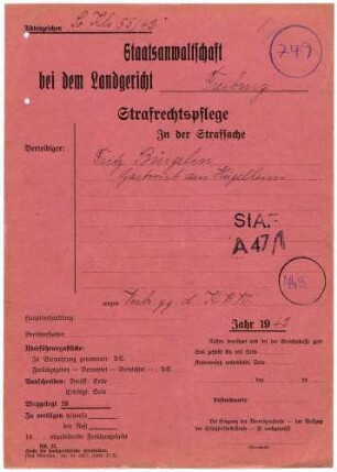 Angeklagter: Bürgelin, Fritz (Gastwirt); Brombach *07.12.1898 in Hügelheim; + ? Delikt: Verbrechen gegen die Kriegswirtschaftsverordnung Tatort: Brombach Tatzeit: Juli 1940-Juni 1941