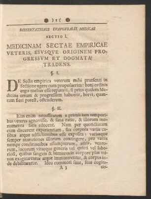 Sectio I. Medicinam Sectae Empiricae Veteris, Eiusque Originem Progressum Et Dogmata Tradens