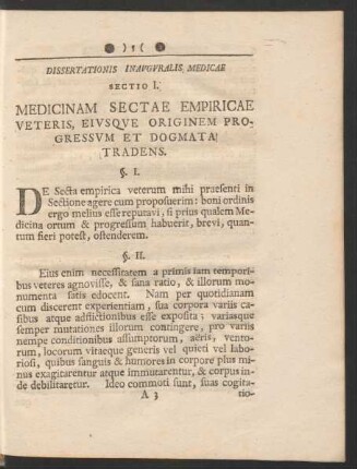 Sectio I. Medicinam Sectae Empiricae Veteris, Eiusque Originem Progressum Et Dogmata Tradens