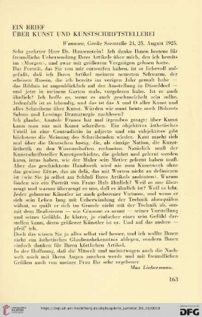 Ein Brief über Kunst und Kunstschriftstellerei