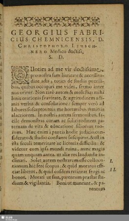 Georgius Fabricius Chemnicensis, D. Christophoro Leuschnero Medico doctiss. S. D.