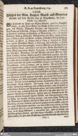 LXXIII. Abschied der Röm. Kayserl. Majest. Und Gemeiner Stände auf dem Reichs-Tag zu Regenspurg, im Jahr Christi 1654 aufgericht