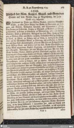 LXXIII. Abschied der Röm. Kayserl. Majest. Und Gemeiner Stände auf dem Reichs-Tag zu Regenspurg, im Jahr Christi 1654 aufgericht