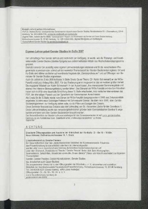 Eigenes Lehrangebot Gender Studies im SoSe 2007