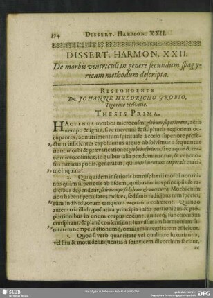 Dissert. Harmon. XXII. De morbis ventriculi in genere secundum spagyricam methodum descripta