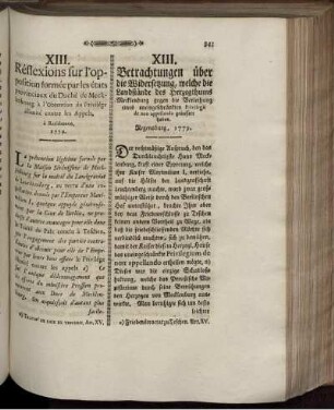 XIII. Betrachtungen über die Widersetzung, welche die Landstände des Herzogthums Mecklenburg gegen die Verleihung ...