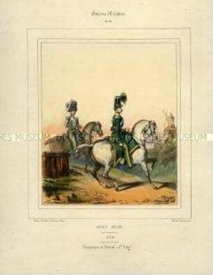 Uniformdarstellung, Trompeter und Offizier des 1- Jäger-Regiments zu Pferde, Königreich Belgien, 1831/1850. Tafel Nr. 59 aus Galerie Militaire.