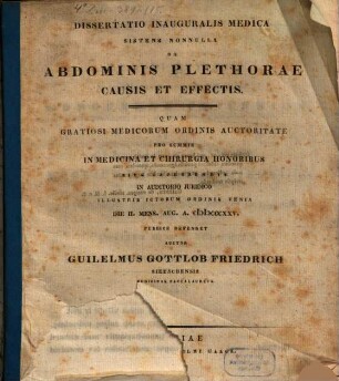 Diss. inaug. med. Sistens nonnulla de abdominis plethorae causis et effectibus